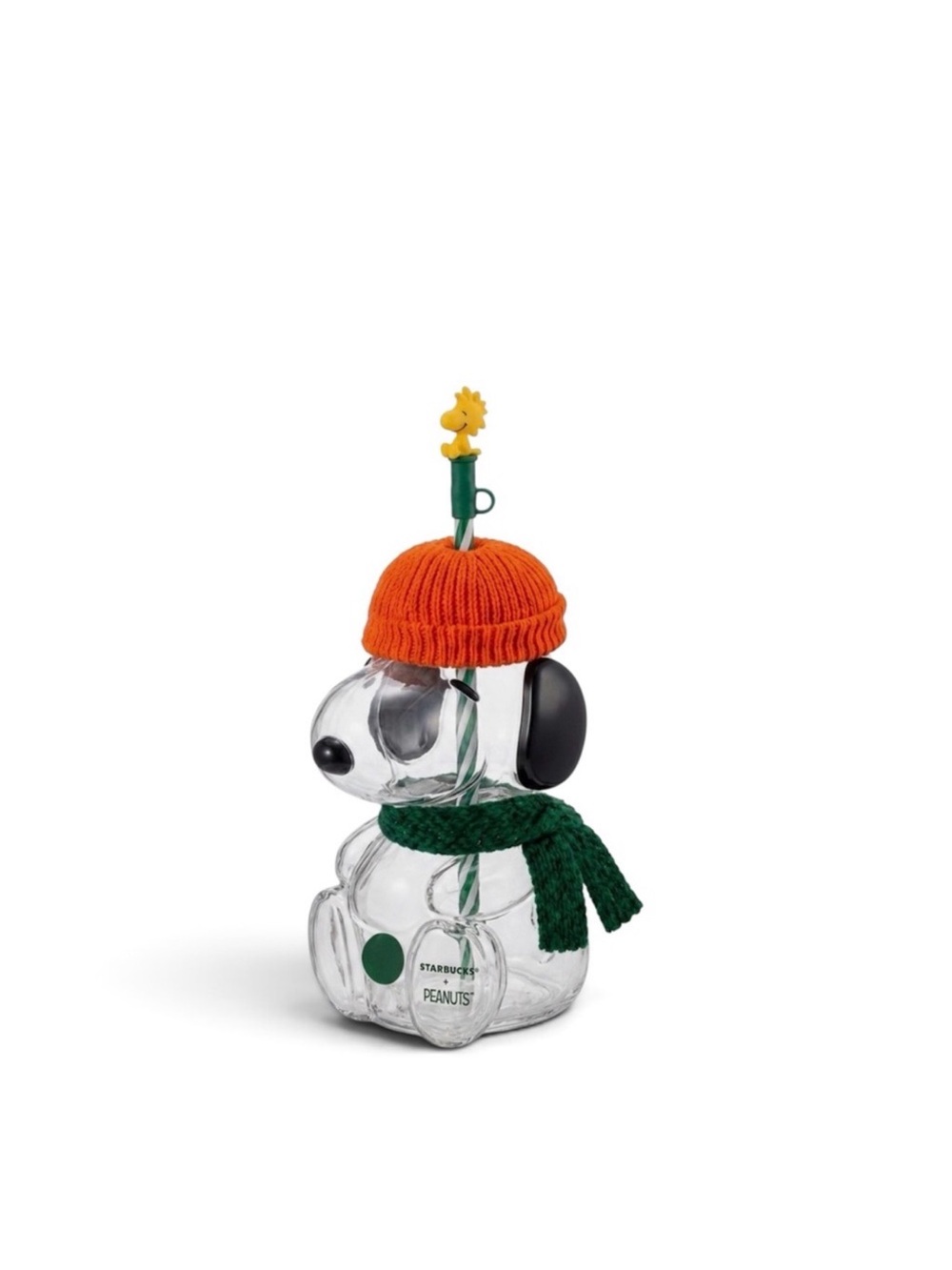 Starbucks Peanuts Snoopy Glass Bottle with Orange Hat and Green Scarf